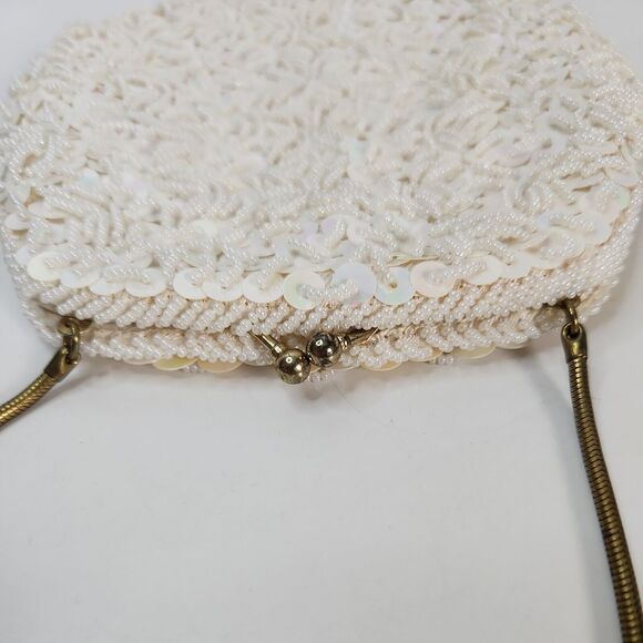 Vtg Handmade White Pearl Bead Sequin Clutch Evening Bag Gold Chain Clasp - Picture 3 of 16